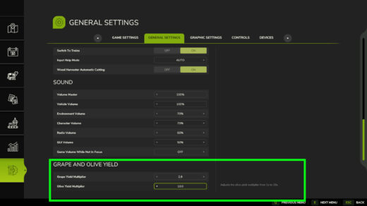 Grape And Olive Yield Settings